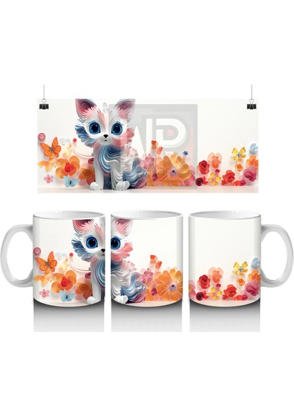 Renkli Çiçeklerle Çevrili Mavi Gözlü Sevimli Çizgi Kedi Kupa