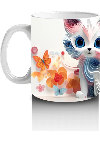 Renkli Çiçeklerle Çevrili Mavi Gözlü Sevimli Çizgi Kedi Kupa fiyatları