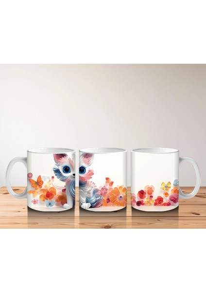 Renkli Çiçeklerle Çevrili Mavi Gözlü Sevimli Çizgi Kedi Kupa indirimleri