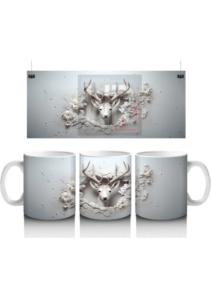 Minimal Gri Tonlarda Çatlakta Beliren Geyik – Baskılı Kahve Kupası