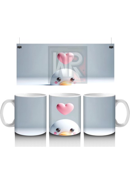 Kalp Balonu Tutan Beyaz Deniz Canlısı – Baskılı Kahve Kupası