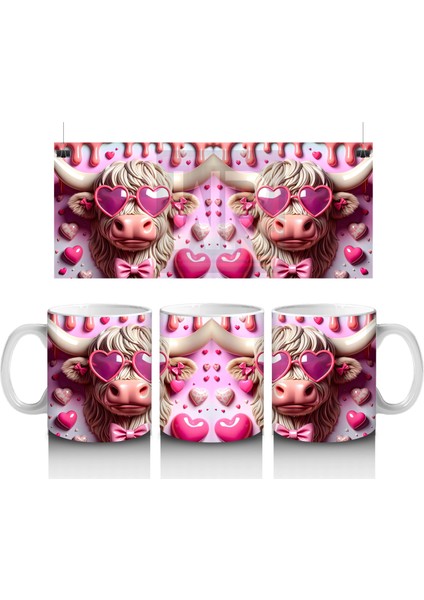 Sevimli Suratlı Kalpli Fonlu Pembe Buzağılar – Baskılı Kahve Kupası