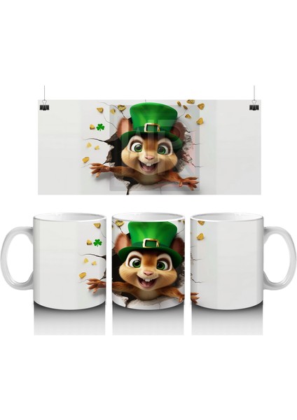 Yeşil Şapkalı Neşeli Sincap Karakteri – Baskılı Kahve Kupası