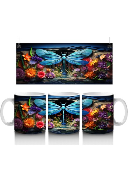 Çift Mavi Yusufçuk ve Çiçek Bahçesi – Baskılı Kahve Kupası