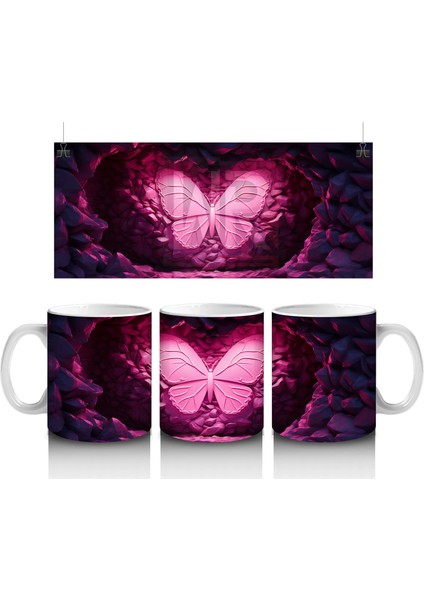 Pembe Işıltılı Taşlar Arasında Kelebek Silueti – Baskılı Kahve Kupası