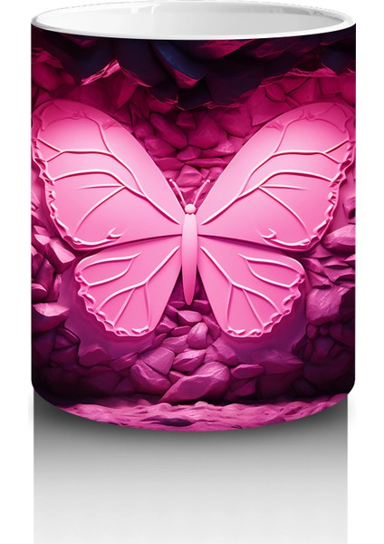 Pembe Işıltılı Taşlar Arasında Kelebek Silueti – Baskılı Kahve Kupası modelleri