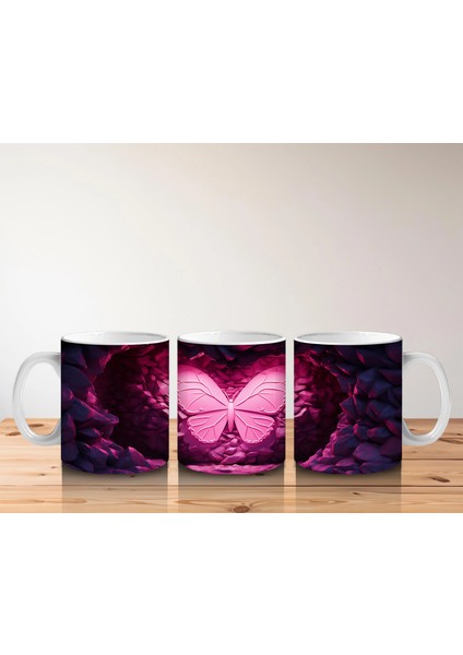 Pembe Işıltılı Taşlar Arasında Kelebek Silueti – Baskılı Kahve Kupası indirimleri