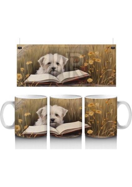 Açık Kitap Üzerinde Oturan Gözlüklü Yavru Köpek – Baskılı Kahve Kupası
