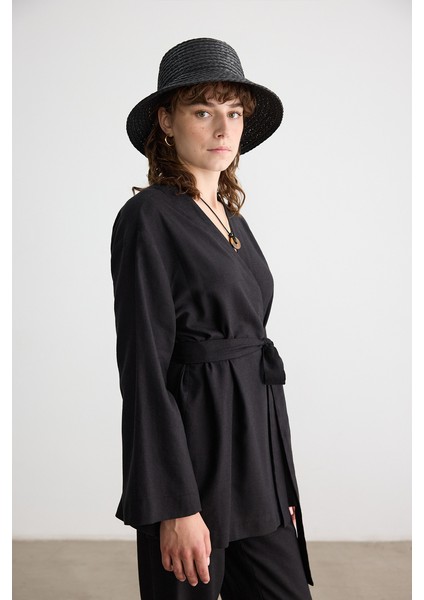 Siyah Pamuk Keten Kimono