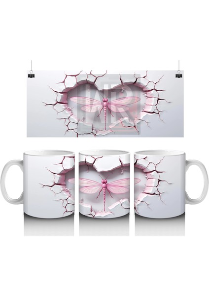 Pembe Damarlı Kalp Desenli Çift Yusufçuk – Baskılı Kahve Kupası