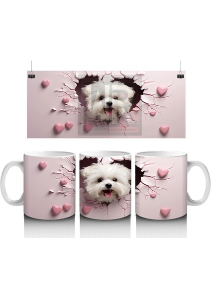 Pembe Kalpli Çatlak Duvar Arasından Bakan Beyaz Pofuduk Köpek Kupa