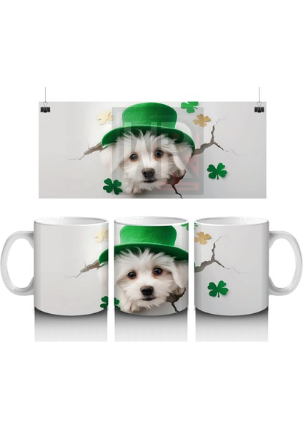 St. Patrick Şapkalı Çatlakta Sevimli Yavru Köpek – Baskılı Kahve Kupası