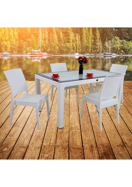 Elit Rattan 90x150 4 kişilik Elit Sandalye Camlı Masa Takımı Beyaz fiyatları