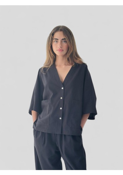 Tasarım V Yaka Keten Kimono Gömlek Kadın Siyah