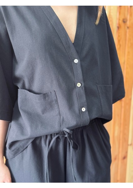 Tasarım V Yaka Keten Kimono Gömlek Kadın Siyah modelleri