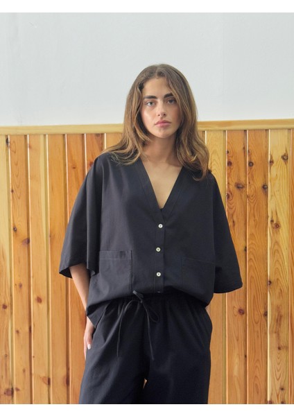 Tasarım V Yaka Keten Kimono Gömlek Kadın Siyah indirimleri