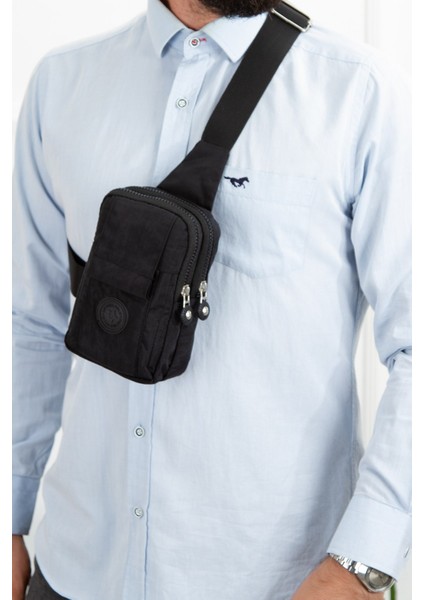 Siyah Keten Kumaş Belgrat Telefon Bölmeli Çapraz Göğüs ve Omuz Çantası NEW203