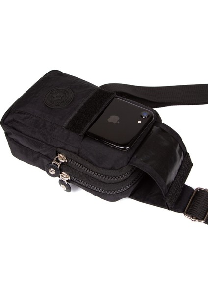 Siyah Keten Kumaş Belgrat Telefon Bölmeli Çapraz Göğüs ve Omuz Çantası NEW203