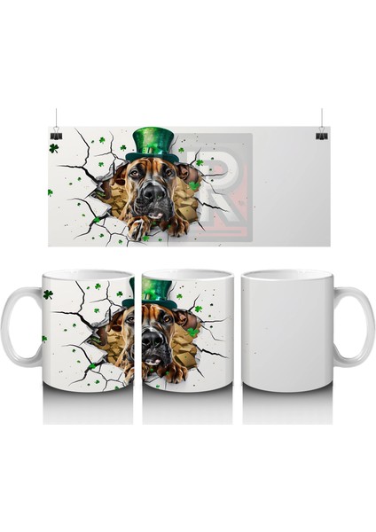 Şapkalı Boksör Köpek ve Yonca Teması – Baskılı Kahve Kupası