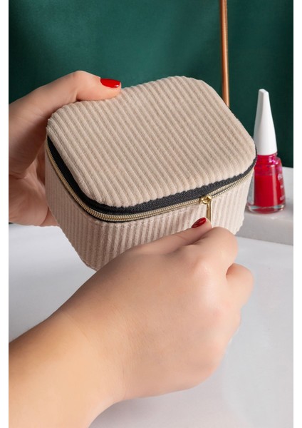 Kare Çift Bölmeli Kadife Takı Organizer, Ekru, 11,5x9,5x6 cm indirimleri