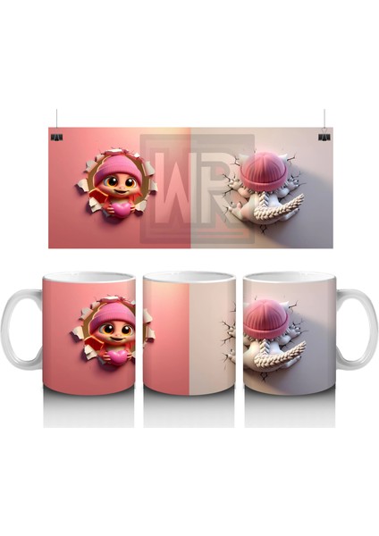 Pembe Kostümlü Kız Maskot ve Ponponlu Bere – Baskılı Kahve Kupası