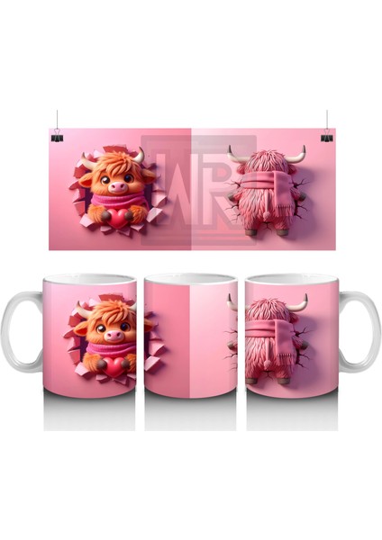 Pembe Fon Üzerinde Sevimli Maskot Buzağı Karakteri – Baskılı Kahve Kupası