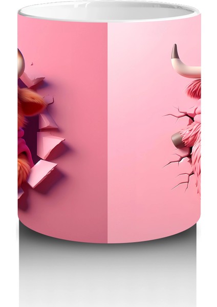 Pembe Fon Üzerinde Sevimli Maskot Buzağı Karakteri – Baskılı Kahve Kupası modelleri