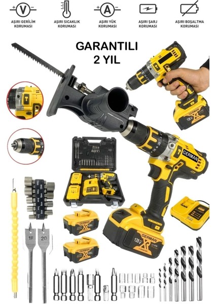 Kablosuz Darbeli Matkap Seti, 2 Akü, Metal Şanzıman, Vidalama, Testere, 44 Parça