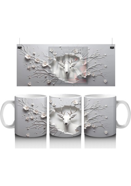 Dallarla Süslenmiş Çatlakta Beliren Beyaz Geyik – Baskılı Kahve Kupası