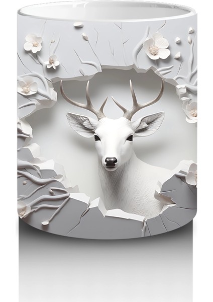 Dallarla Süslenmiş Çatlakta Beliren Beyaz Geyik – Baskılı Kahve Kupası modelleri