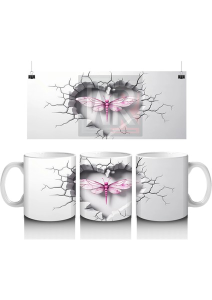 Gri Çatlak Zeminde Kalp Şeklinde Pembe Yusufçuk – Baskılı Kahve Kupası