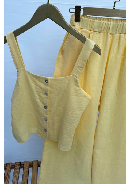 Askılı Müslin Sarı Pijama Takımı