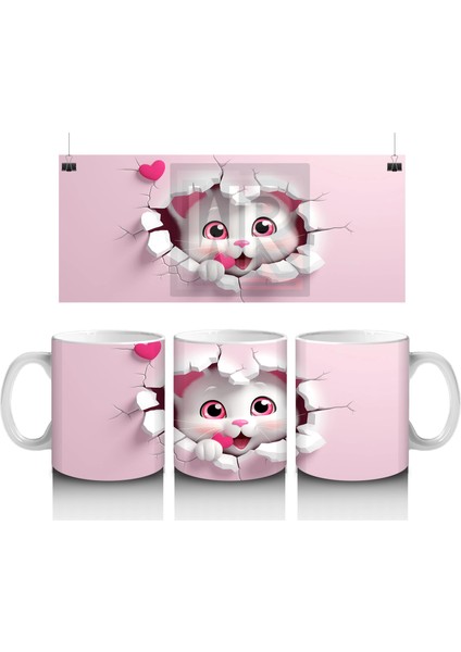 Pembe Kalpli Çatlak Duvar Arasından Bakan Sevimli Kedi Kupa