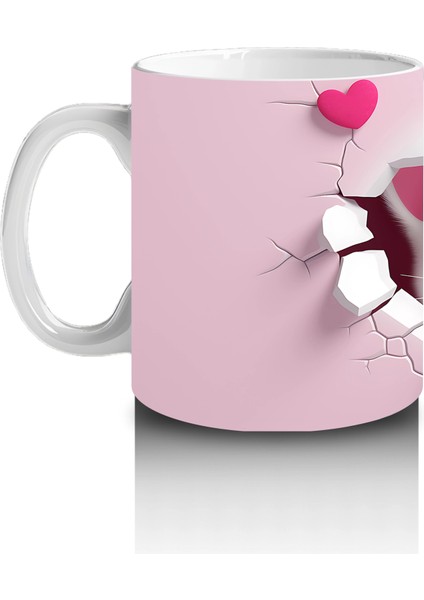 Pembe Kalpli Çatlak Duvar Arasından Bakan Sevimli Kedi Kupa fiyatları