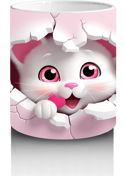 Pembe Kalpli Çatlak Duvar Arasından Bakan Sevimli Kedi Kupa modelleri