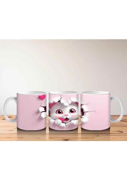 Pembe Kalpli Çatlak Duvar Arasından Bakan Sevimli Kedi Kupa indirimleri
