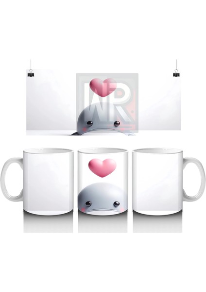 Kalp Balonu Tutan Tatlı Beyaz Balina – Baskılı Kahve Kupası