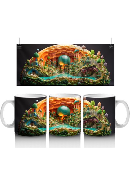 Renkli Masalsı Mantar Ormanı ve Küçük Ev – Baskılı Kahve Kupası