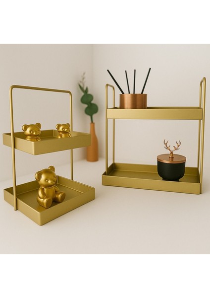 Şık Siyah ve Gold Metal Organizer, 2 Katlı, 15,5 x 31 x 31 cm