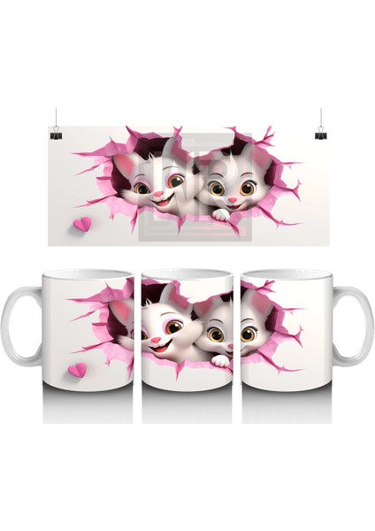 Pembe Çiçeklerle Süslenmiş Kedi Çifti – Baskılı Kahve Kupası