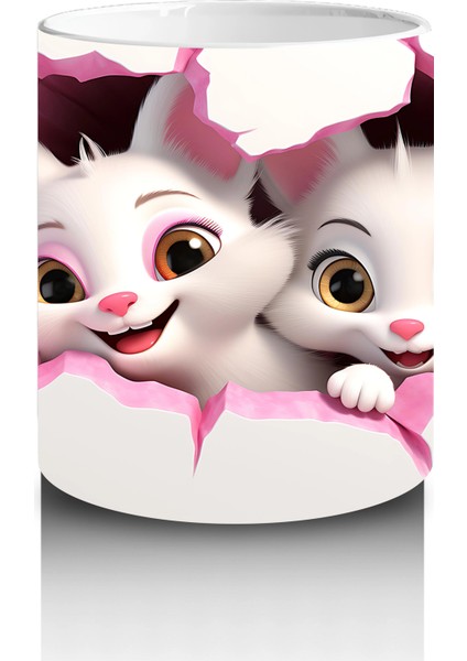Pembe Çiçeklerle Süslenmiş Kedi Çifti – Baskılı Kahve Kupası modelleri