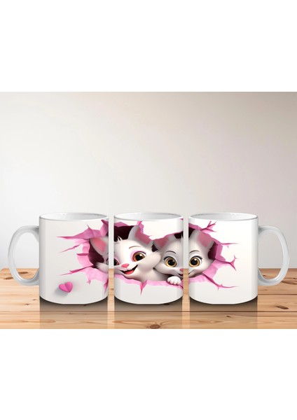 Pembe Çiçeklerle Süslenmiş Kedi Çifti – Baskılı Kahve Kupası indirimleri