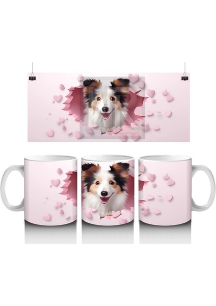 Kalp Desenli Pembe Fon Arasında Bakan Sevimli Köpek – Baskılı Kahve Kupası