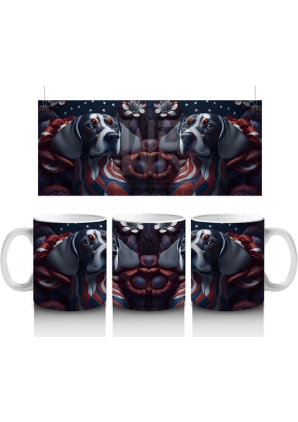 Kırmızı Gotik Kalpli Desenlerle Basset Hound Kupa Bardak