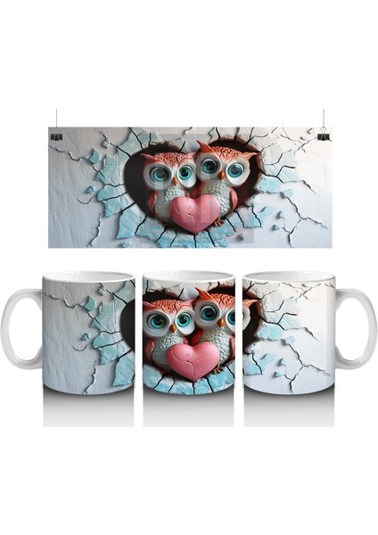 Kalpli Detaylı Kırık Duvarlı Baykuşlar - Baskılı Kahve Kupası
