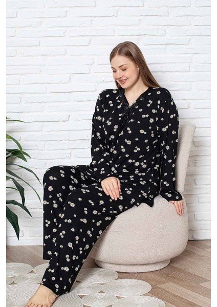 Kadın Papatya Desenli V Yaka 3 Düğmeli Viskon Büyük Beden Mevsimlik Uzun Kol Pijama Takımı modelleri