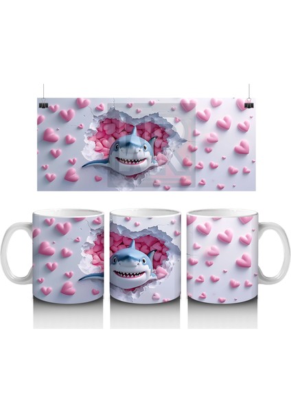 Pembe Kalpler Arasında Bakan Sevimli Köpek Balığı – Baskılı Kahve Kupası