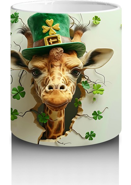 Yonca Yapraklarıyla Süslenmiş Şapkalı Zürafa – Baskılı Kahve Kupası modelleri