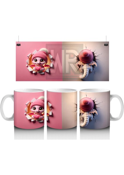 Pembe Ponponlu Bere Takmış Maskot Karakter – Baskılı Kahve Kupası