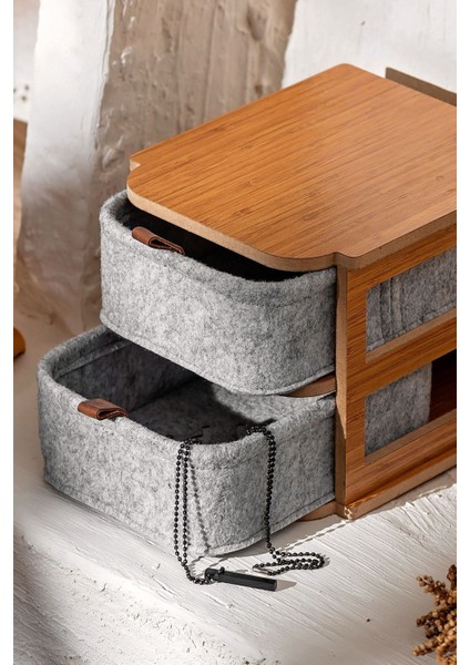 Keçe 2 Çekmeceli Bambu Kozmetik ve Takı Organizer, Masa Üstü Banyo Düzenleyici